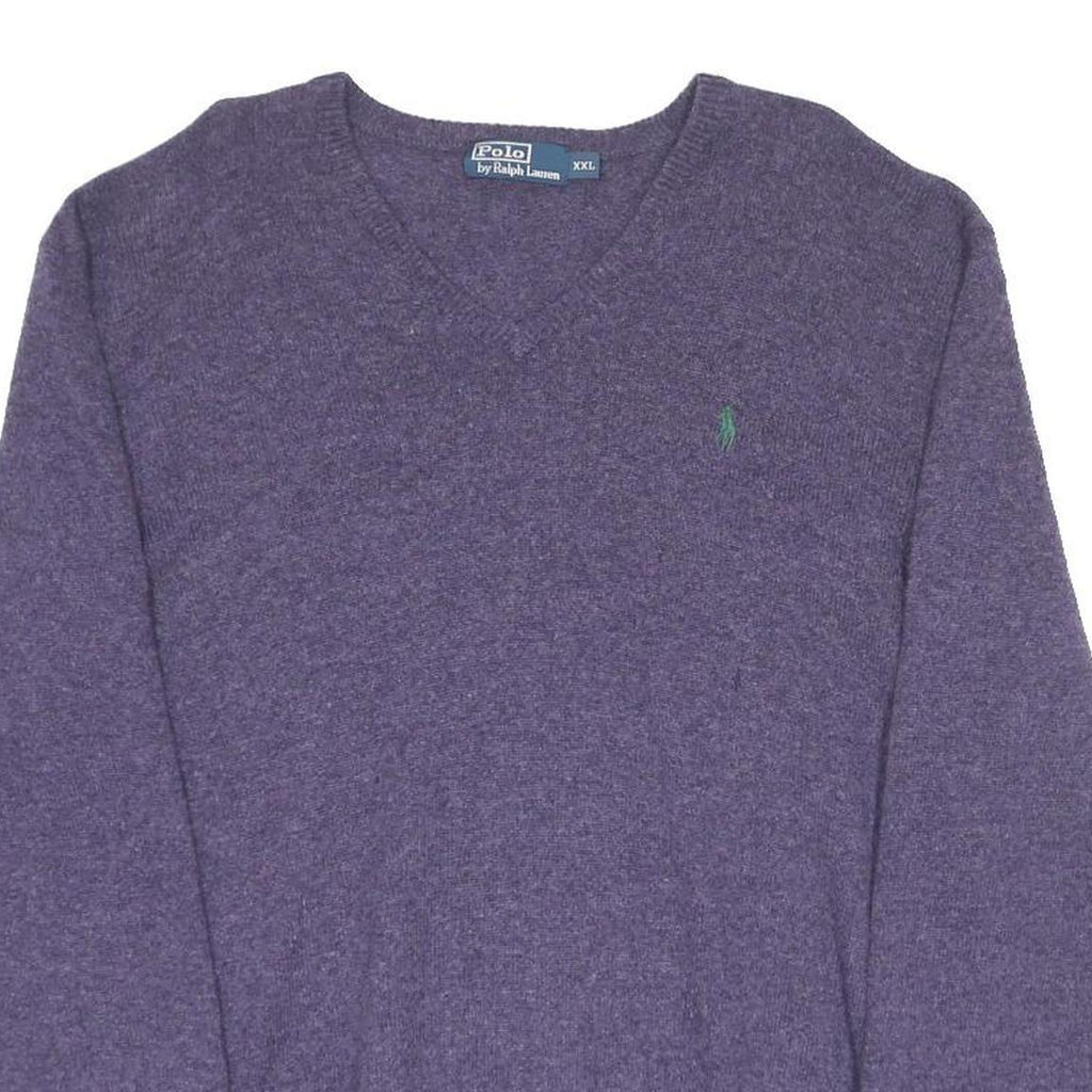 POLO RALPH LAUREN Mens Purple Jumper Plain V-Neck Basic Knit 2XL Wool Sweater