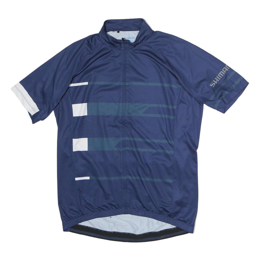 SHIMANO Mens Blue Graphic T-Shirt L Short Sleeve Stand Collar Cycling Jersey