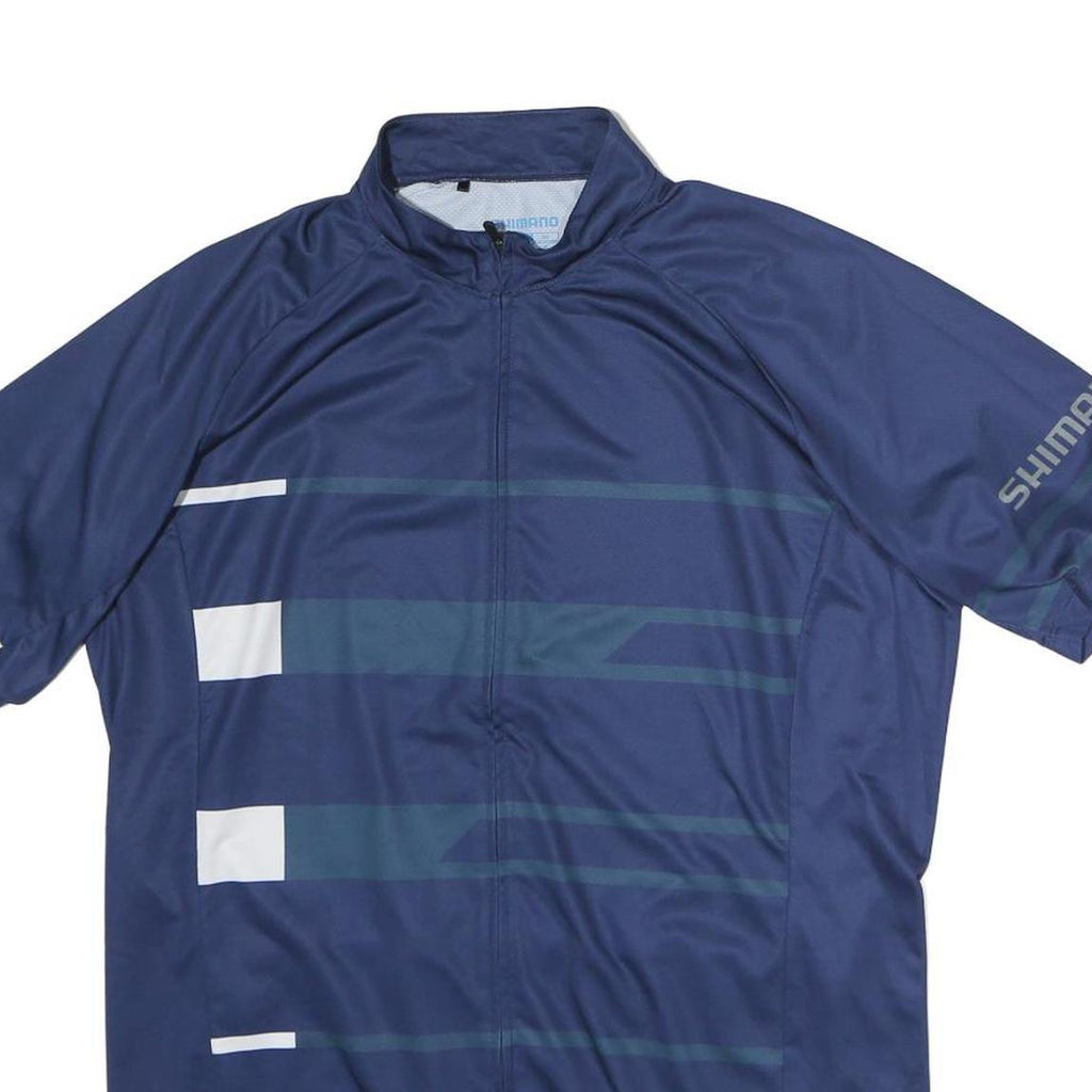 SHIMANO Mens Blue Graphic T-Shirt L Short Sleeve Stand Collar Cycling Jersey