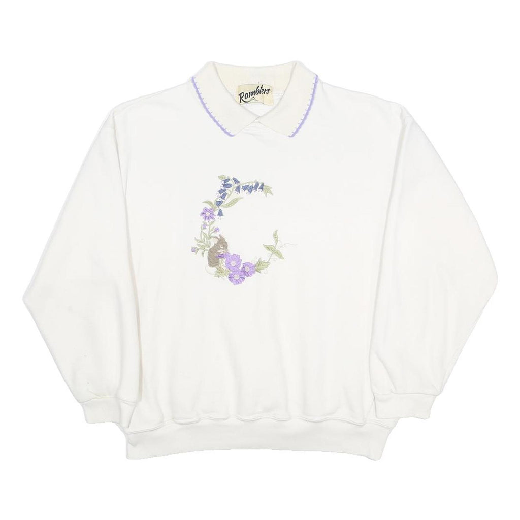 RAMBLERS Womens White Floral Embroidered Cotton Blend Polo Collar XS Sweatshirt