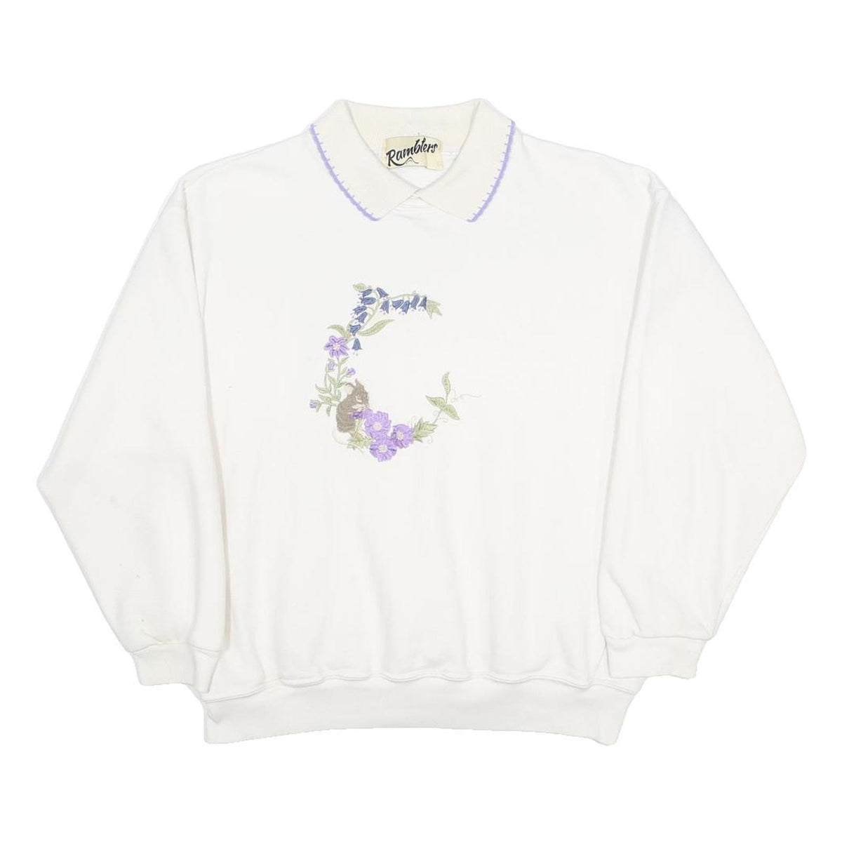 RAMBLERS Womens White Floral Embroidered Cotton Blend Polo Collar XS Sweatshirt