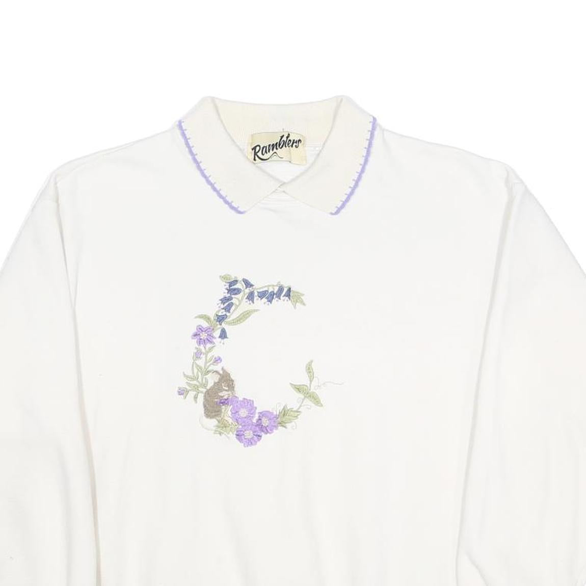 RAMBLERS Womens White Floral Embroidered Cotton Blend Polo Collar XS Sweatshirt
