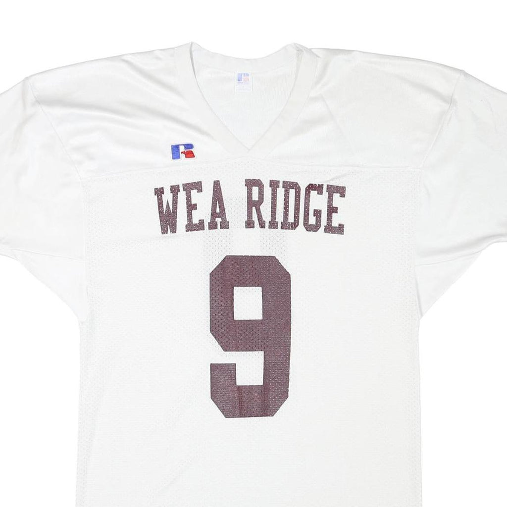 RUSSELL ATHLETIC Mens White Wea Ridge Number 9 Graphic T-Shirt L V-Neck Short