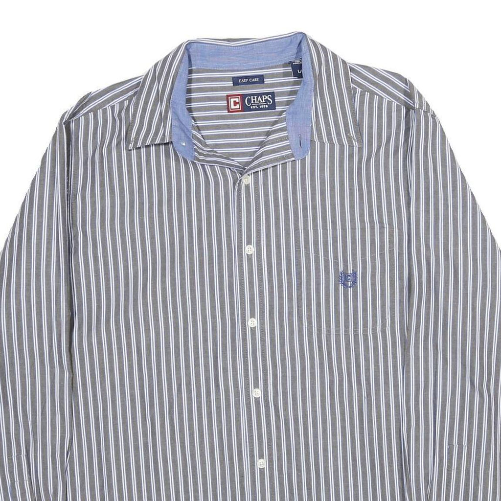 CHAPS Mens Grey & White Stripe Cotton Shirt L Classic Long Sleeve Button Collar