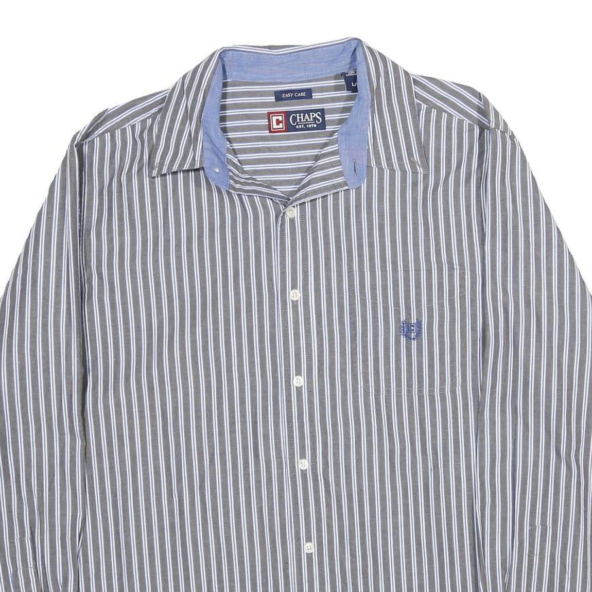 CHAPS Mens Grey & White Stripe Cotton Shirt L Classic Long Sleeve Button Collar