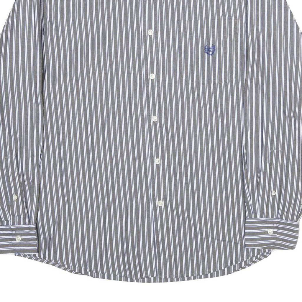 CHAPS Mens Grey & White Stripe Cotton Shirt L Classic Long Sleeve Button Collar