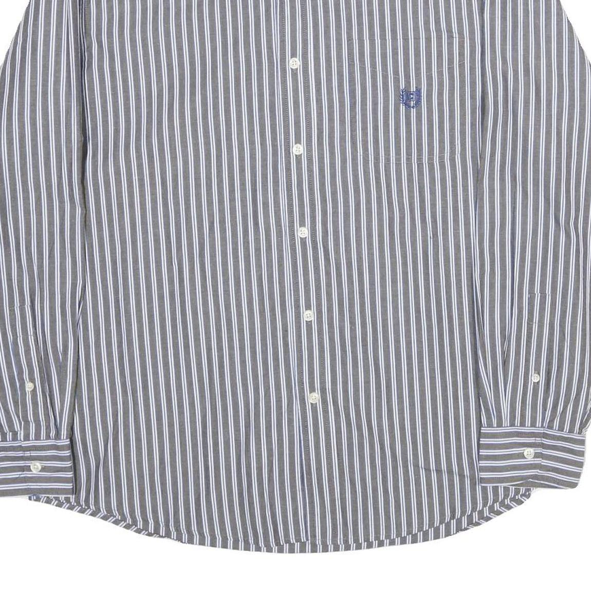 CHAPS Mens Grey & White Stripe Cotton Shirt L Classic Long Sleeve Button Collar