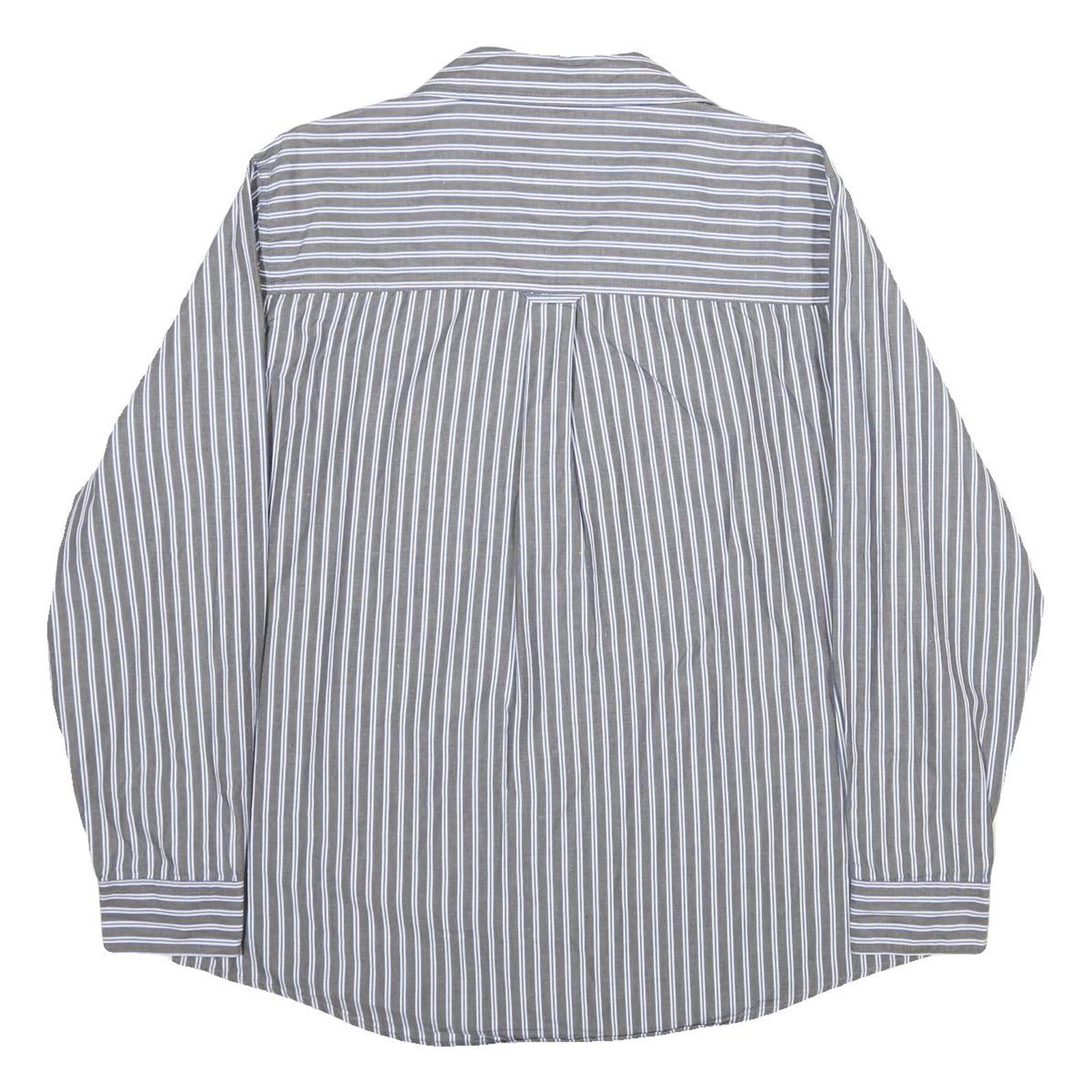 CHAPS Mens Grey & White Stripe Cotton Shirt L Classic Long Sleeve Button Collar