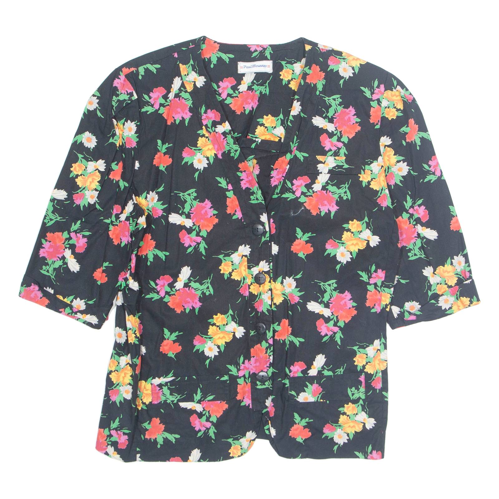 Womens Printed Blouse Black V-Neck 3/4 Sleeve Floral L