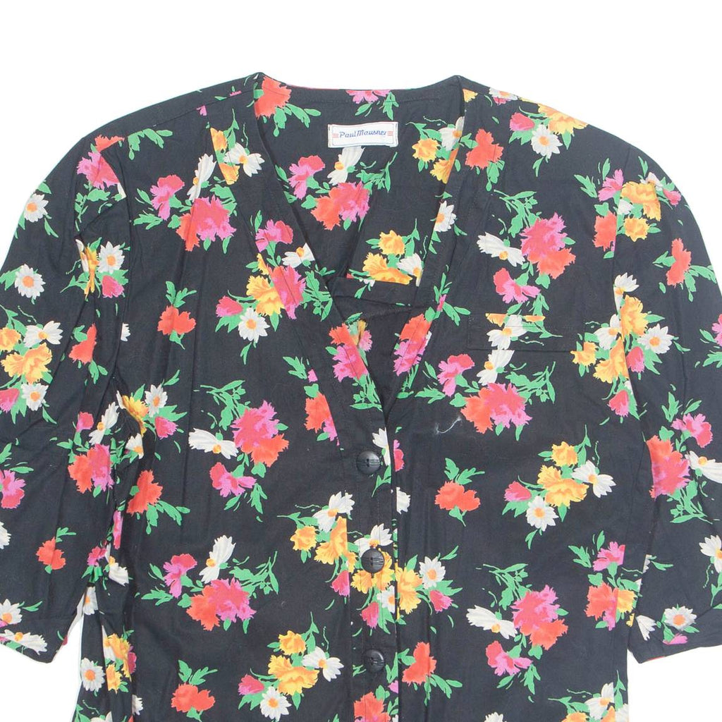 Womens Printed Blouse Black V-Neck 3/4 Sleeve Floral L