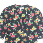 Womens Printed Blouse Black V-Neck 3/4 Sleeve Floral L