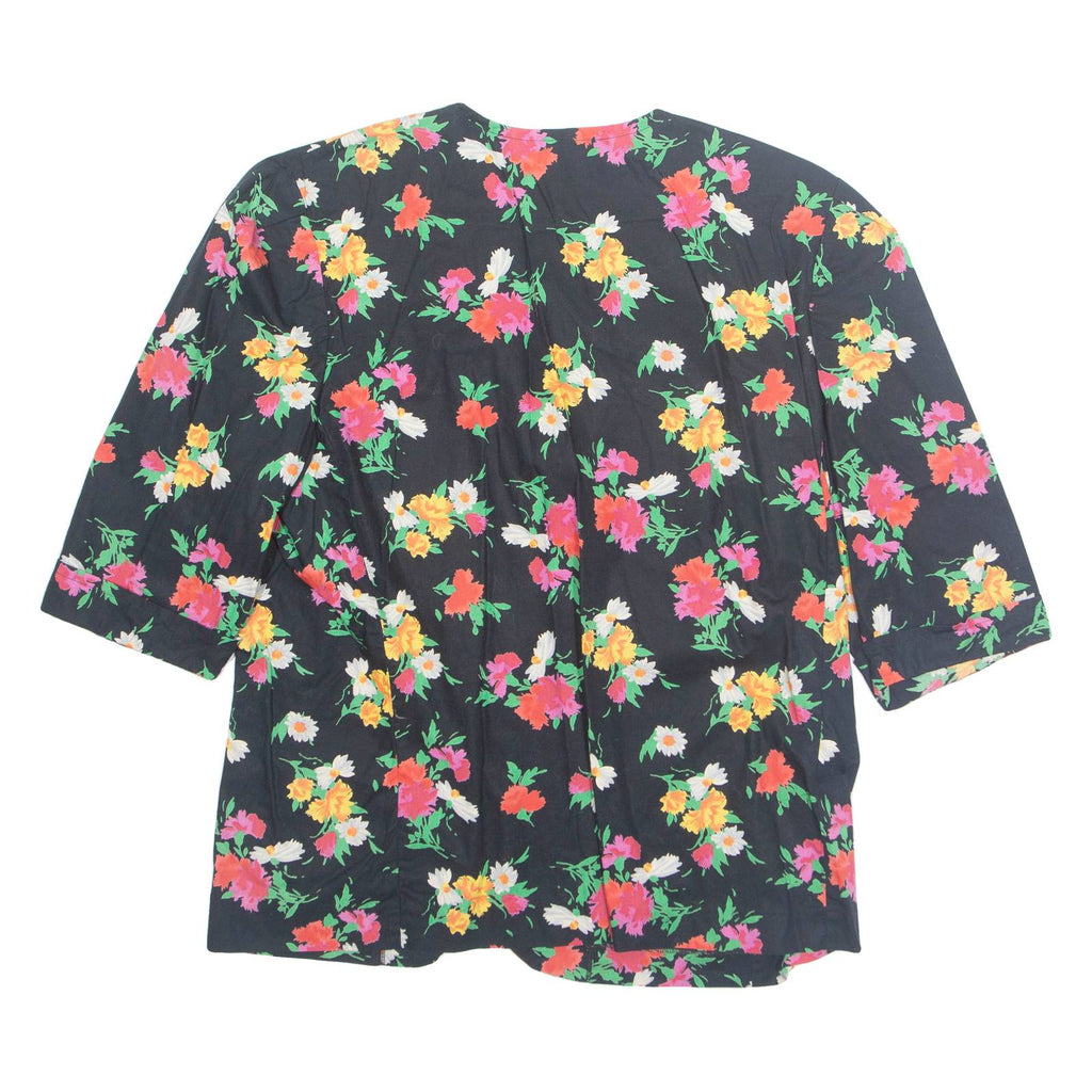 Womens Printed Blouse Black V-Neck 3/4 Sleeve Floral L
