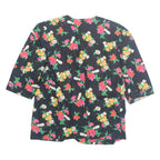 Womens Printed Blouse Black V-Neck 3/4 Sleeve Floral L