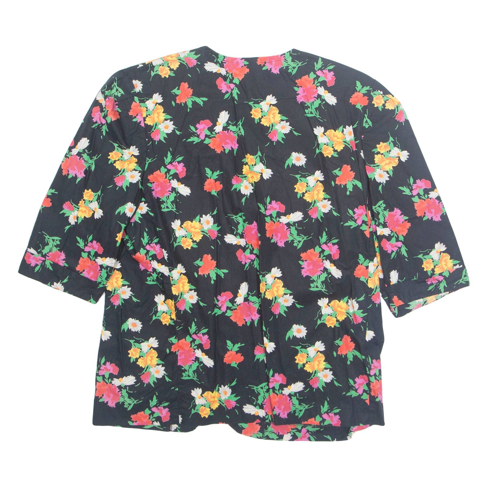 Womens Printed Blouse Black V-Neck 3/4 Sleeve Floral L