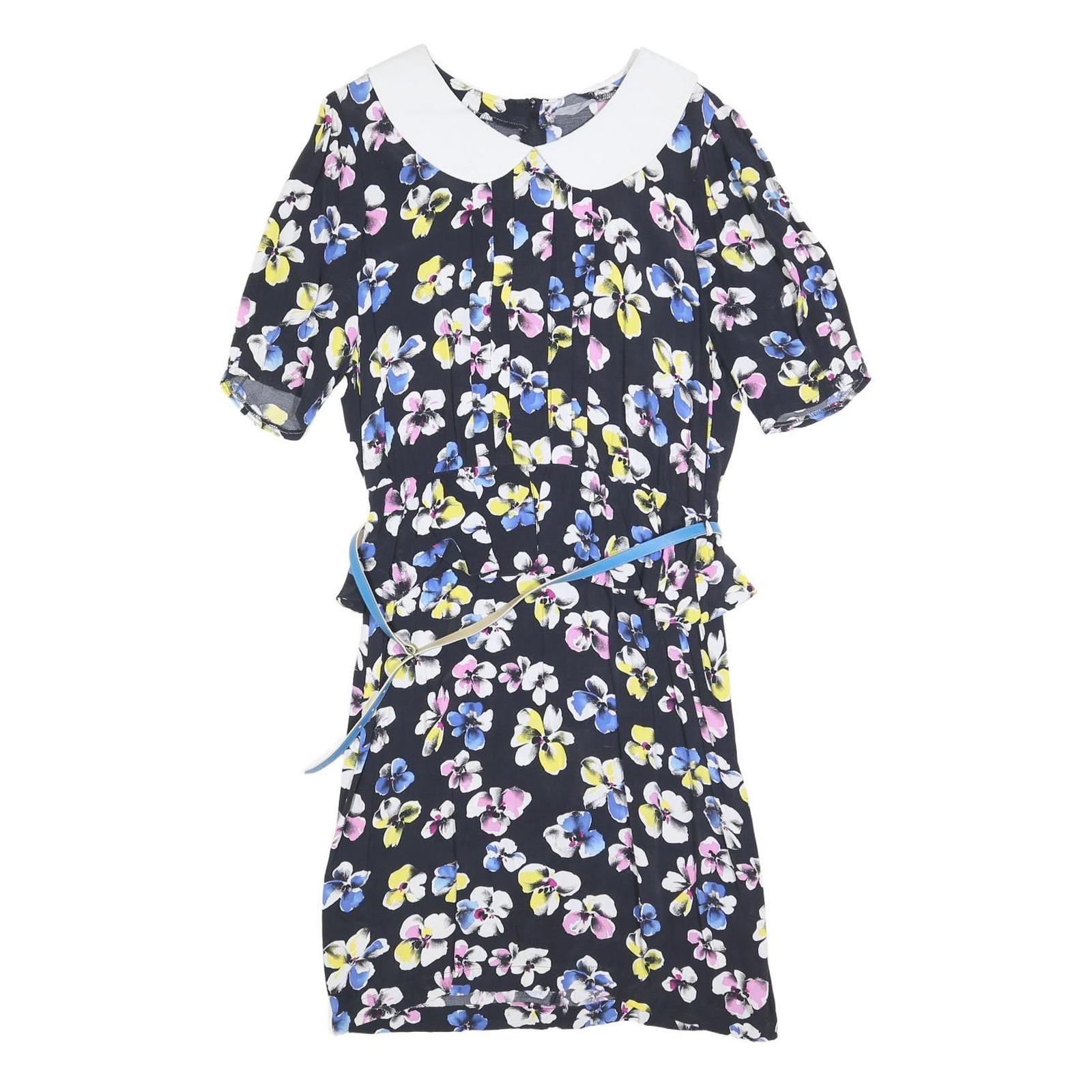 Womens Black Floral Day Cotton Blend Dress Short Sleeve Short Size S Belted