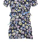 Womens Black Floral Day Cotton Blend Dress Short Sleeve Short Size S Belted