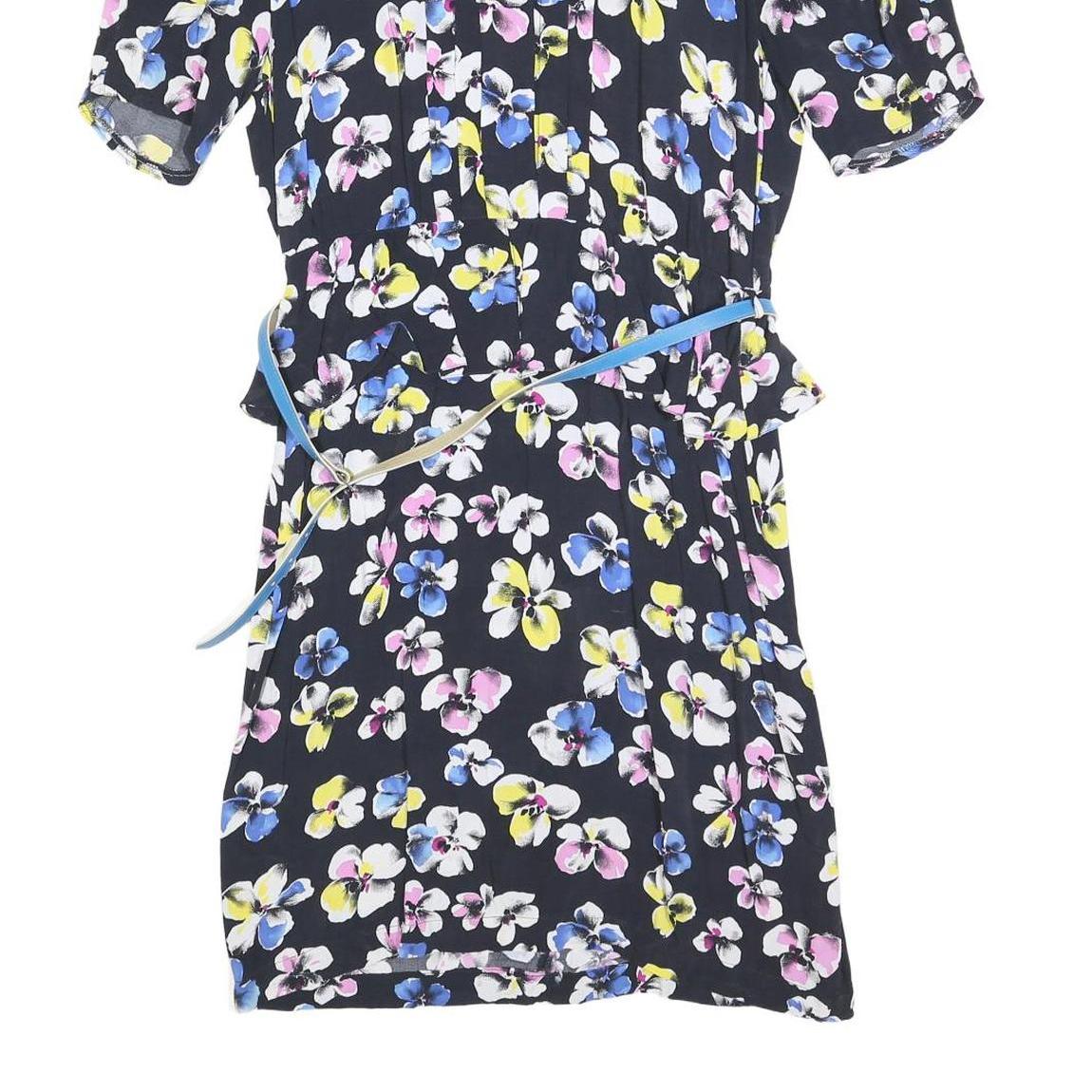 Womens Black Floral Day Cotton Blend Dress Short Sleeve Short Size S Belted