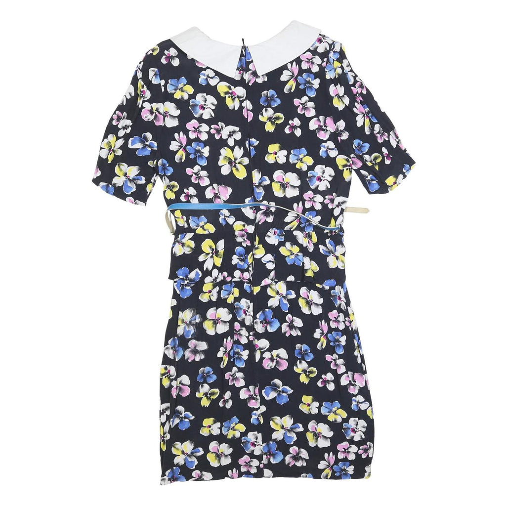 Womens Black Floral Day Cotton Blend Dress Short Sleeve Short Size S Belted