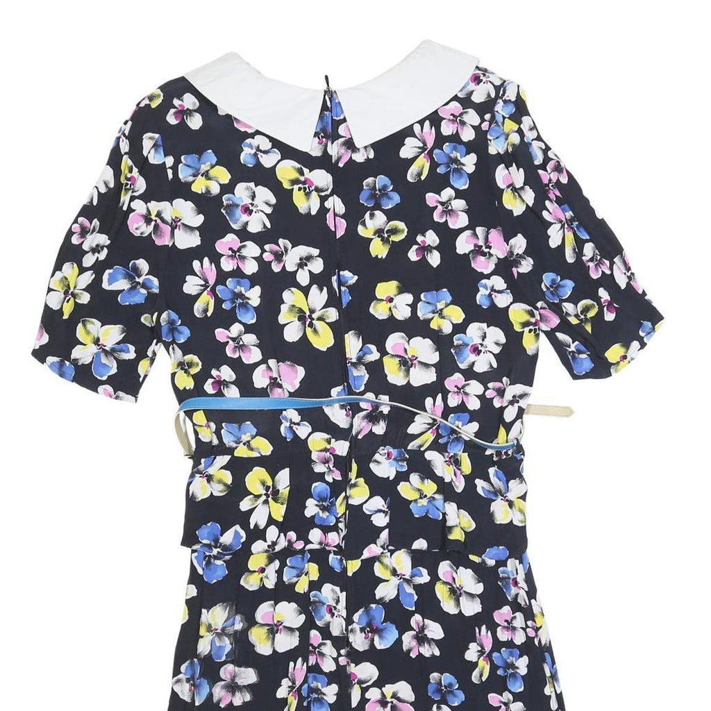 Womens Black Floral Day Cotton Blend Dress Short Sleeve Short Size S Belted