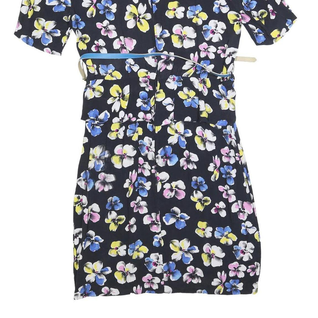 Womens Black Floral Day Cotton Blend Dress Short Sleeve Short Size S Belted