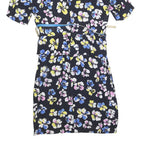 Womens Black Floral Day Cotton Blend Dress Short Sleeve Short Size S Belted