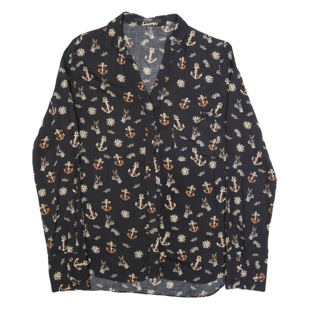 GUESS Womens Shirt Black Crazy Pattern Long Sleeve L