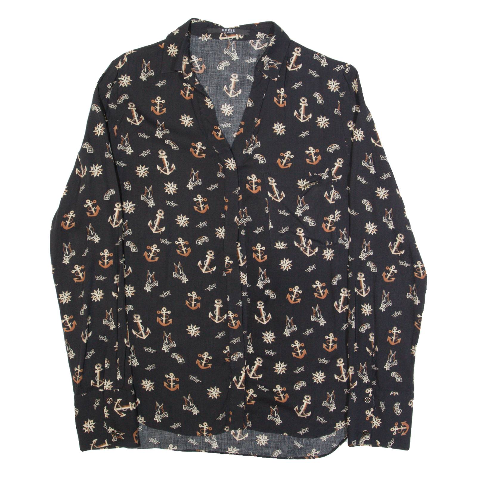 GUESS Womens Shirt Black Crazy Pattern Long Sleeve L