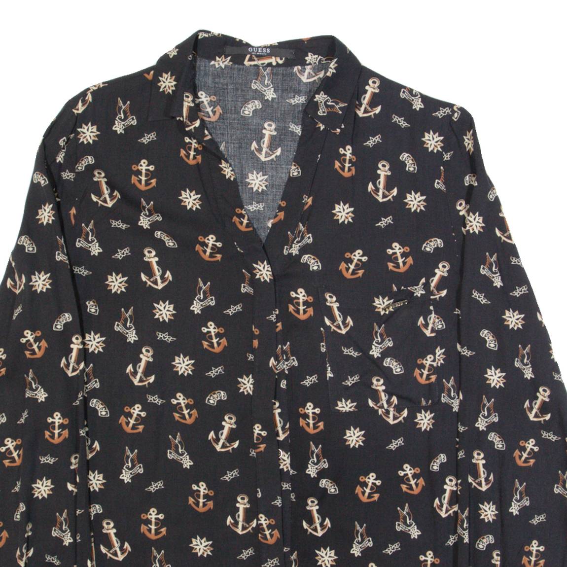 GUESS Womens Shirt Black Crazy Pattern Long Sleeve L