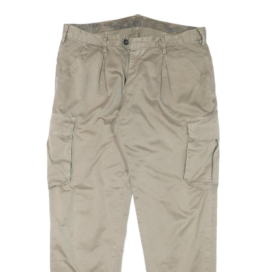 MATHS Mens Cotton Blend Beige Relaxed Cargo Trousers W36 L32 Zip Pockets