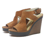 MICHAEL KORS Womens Brown Leather Wedge Sandals UK 8 Stylish Adjustable Buckle