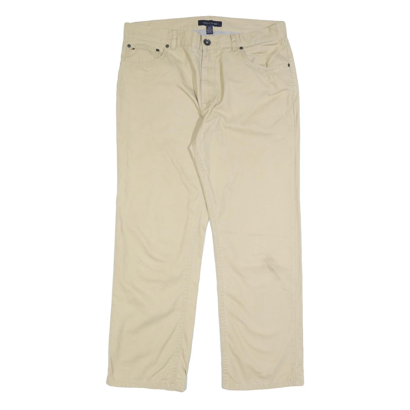 TOMMY HILFIGER Mens Cotton Beige Regular Straight Trousers W34 L30 Casual Zip