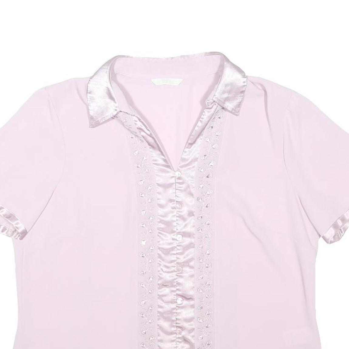 MARKS & SPENCER Womens Pink Shirt Short Sleeve Collared Satin Trim UK 14 Summer