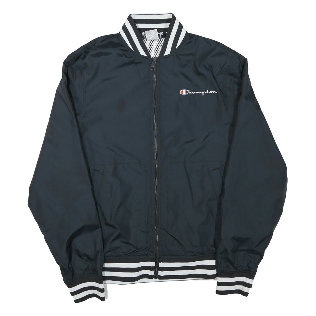 CHAMPION Mens Black Varsity Zip Jacket M Polyester Blend Plain Stripe