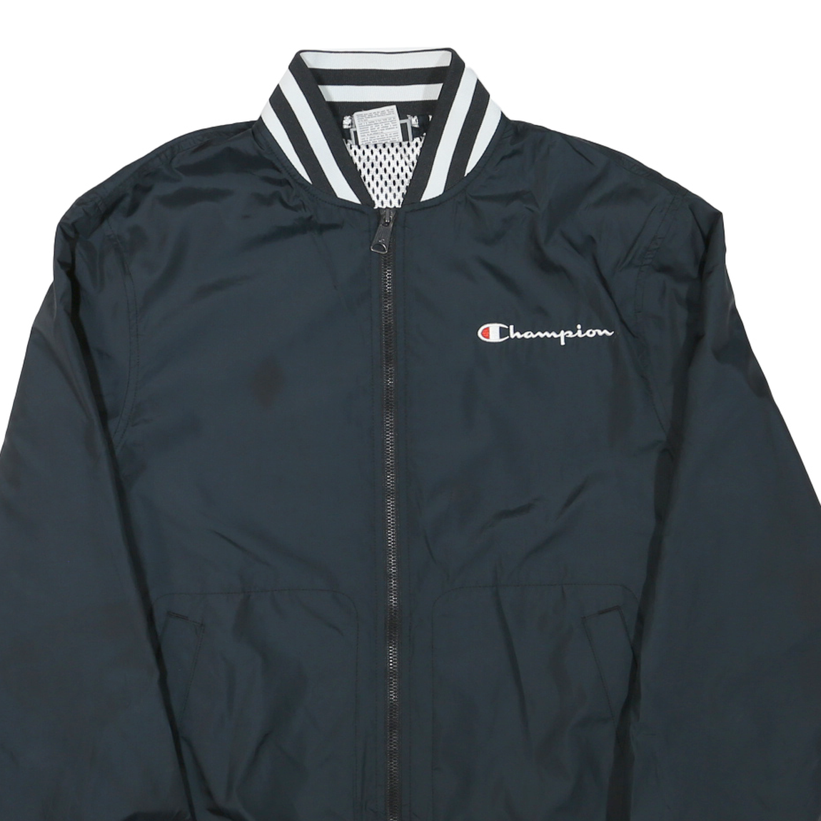 CHAMPION Mens Black Varsity Zip Jacket M Polyester Blend Plain Stripe