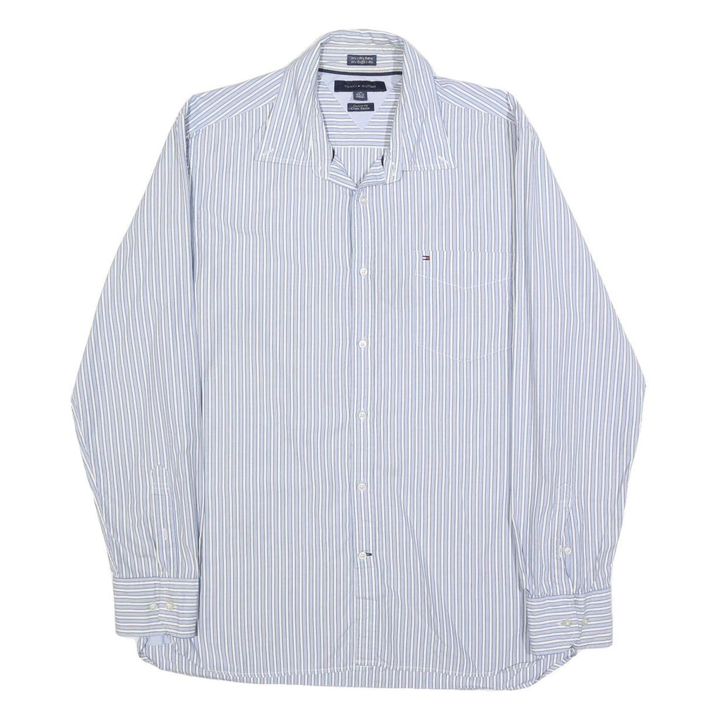 TOMMY HILFIGER Mens Blue & White Striped Cotton Shirt L Classic Fit Casual Long