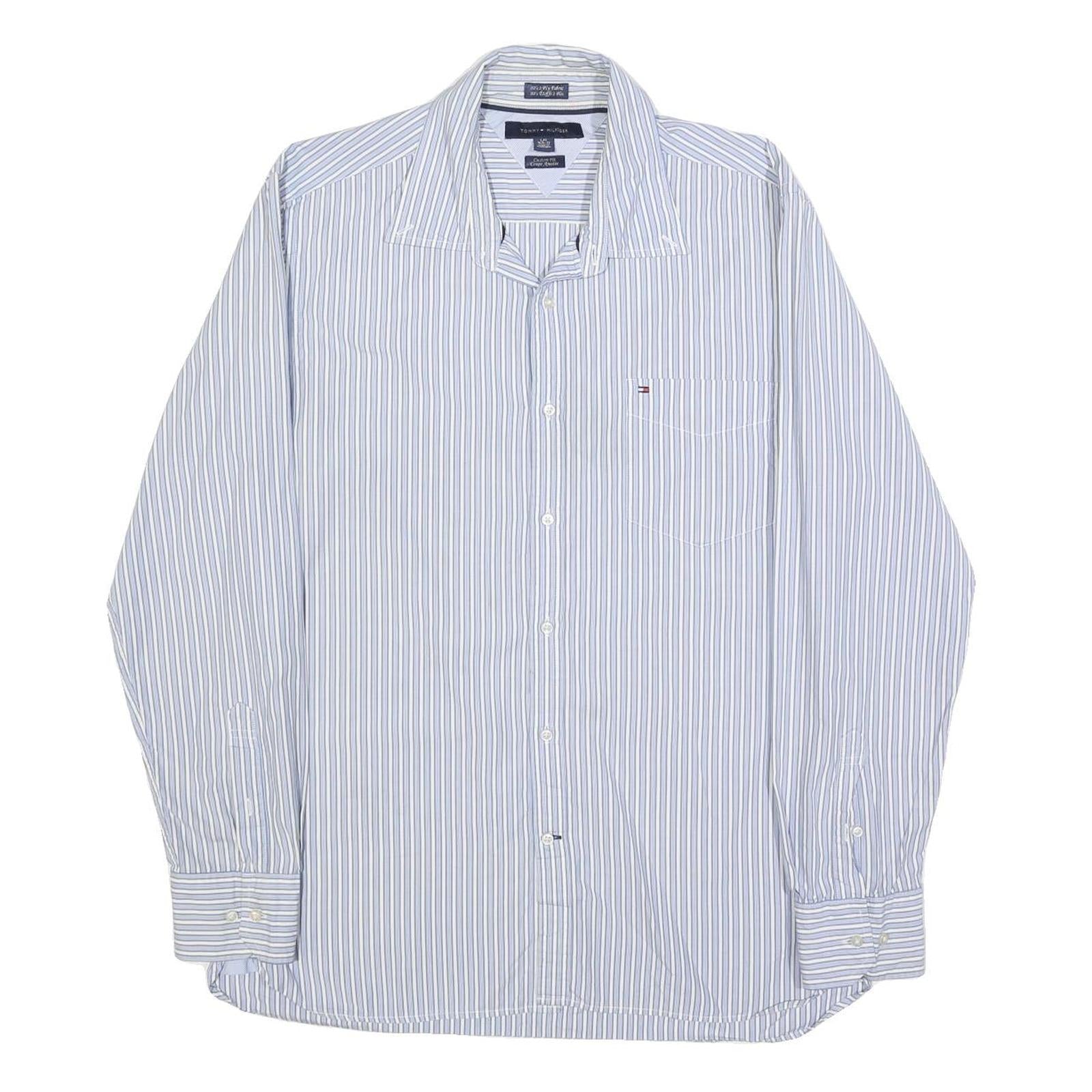 TOMMY HILFIGER Mens Blue & White Striped Cotton Shirt L Classic Fit Casual Long
