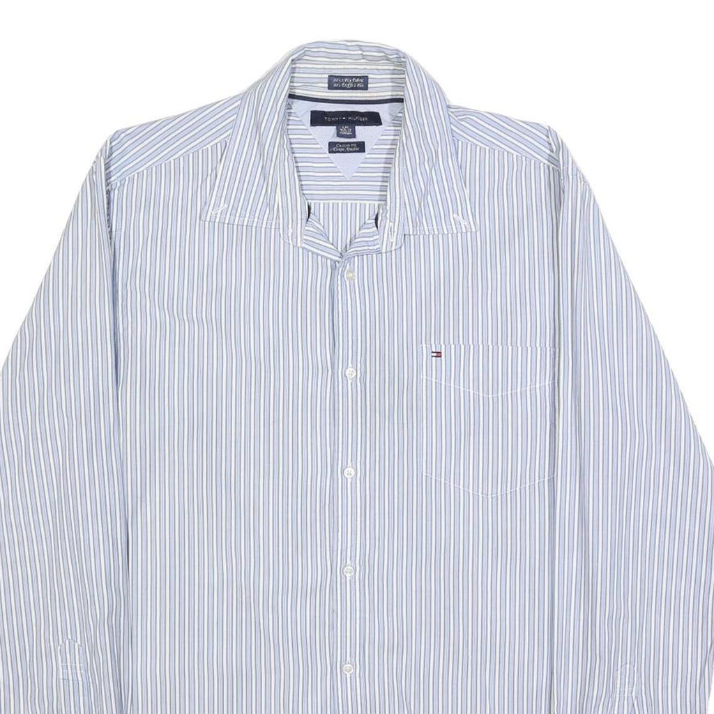TOMMY HILFIGER Mens Blue & White Striped Cotton Shirt L Classic Fit Casual Long