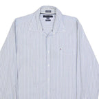 TOMMY HILFIGER Mens Blue & White Striped Cotton Shirt L Classic Fit Casual Long