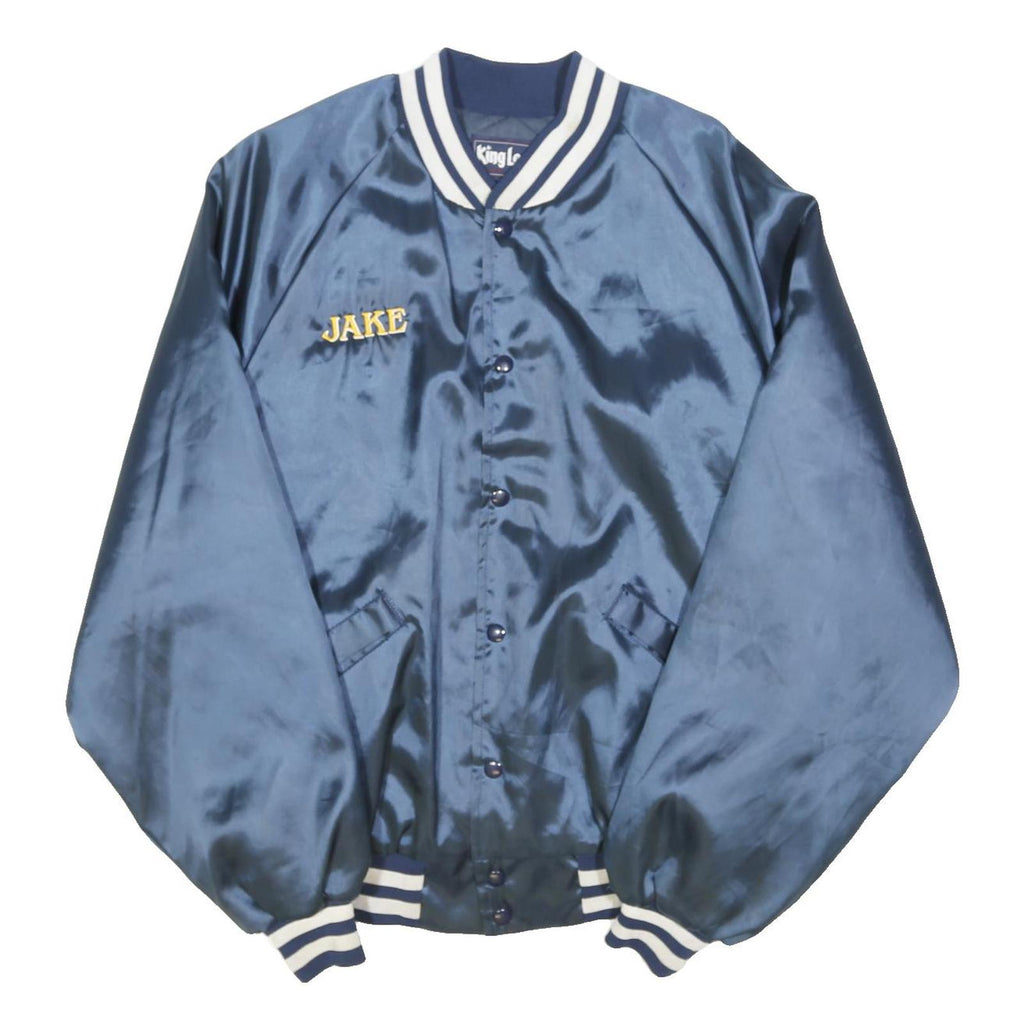 KING LOWIE Mens Navy Blue Varsity Jacket L Nylon Plain Button Closure Retro