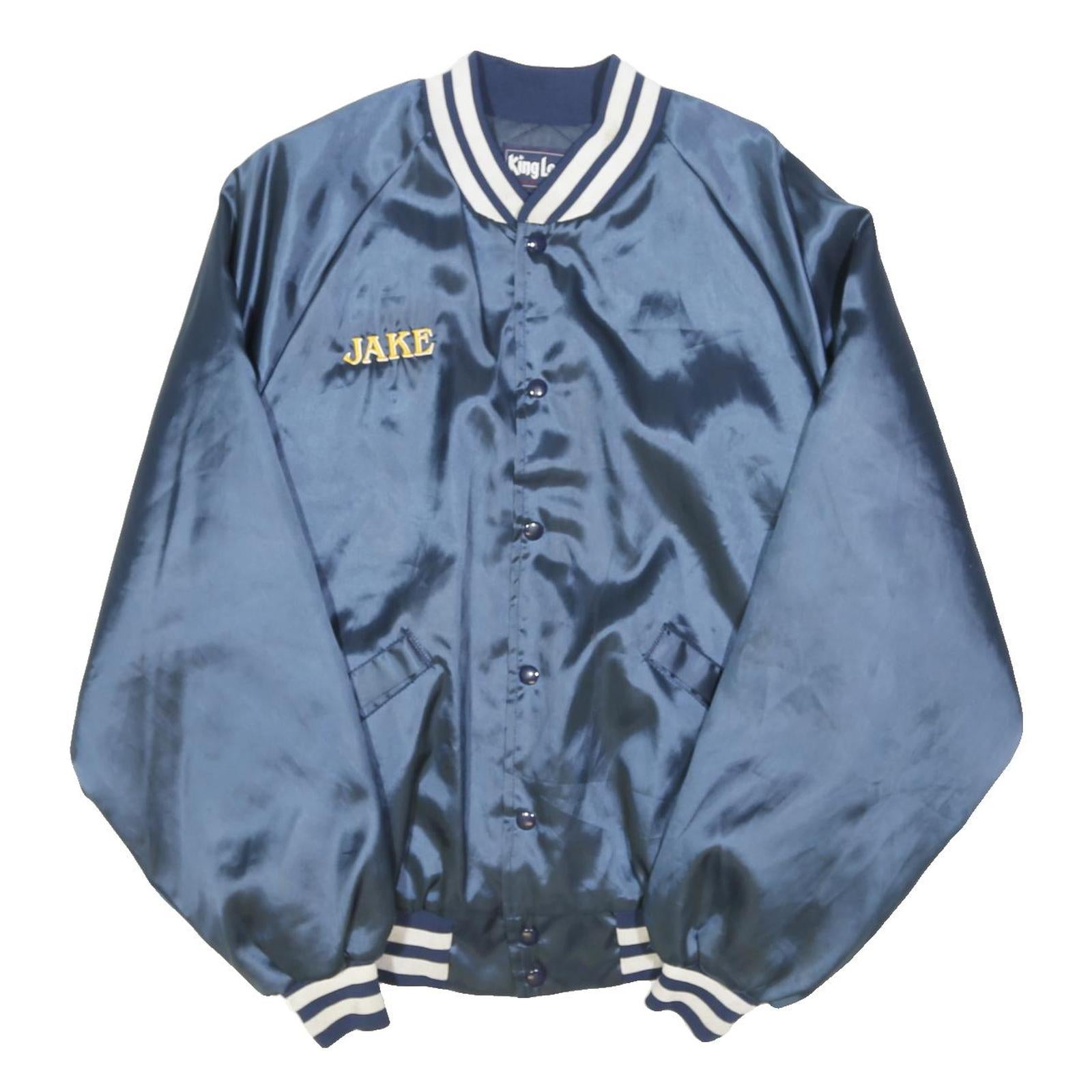 KING LOWIE Mens Navy Blue Varsity Jacket L Nylon Plain Button Closure Retro