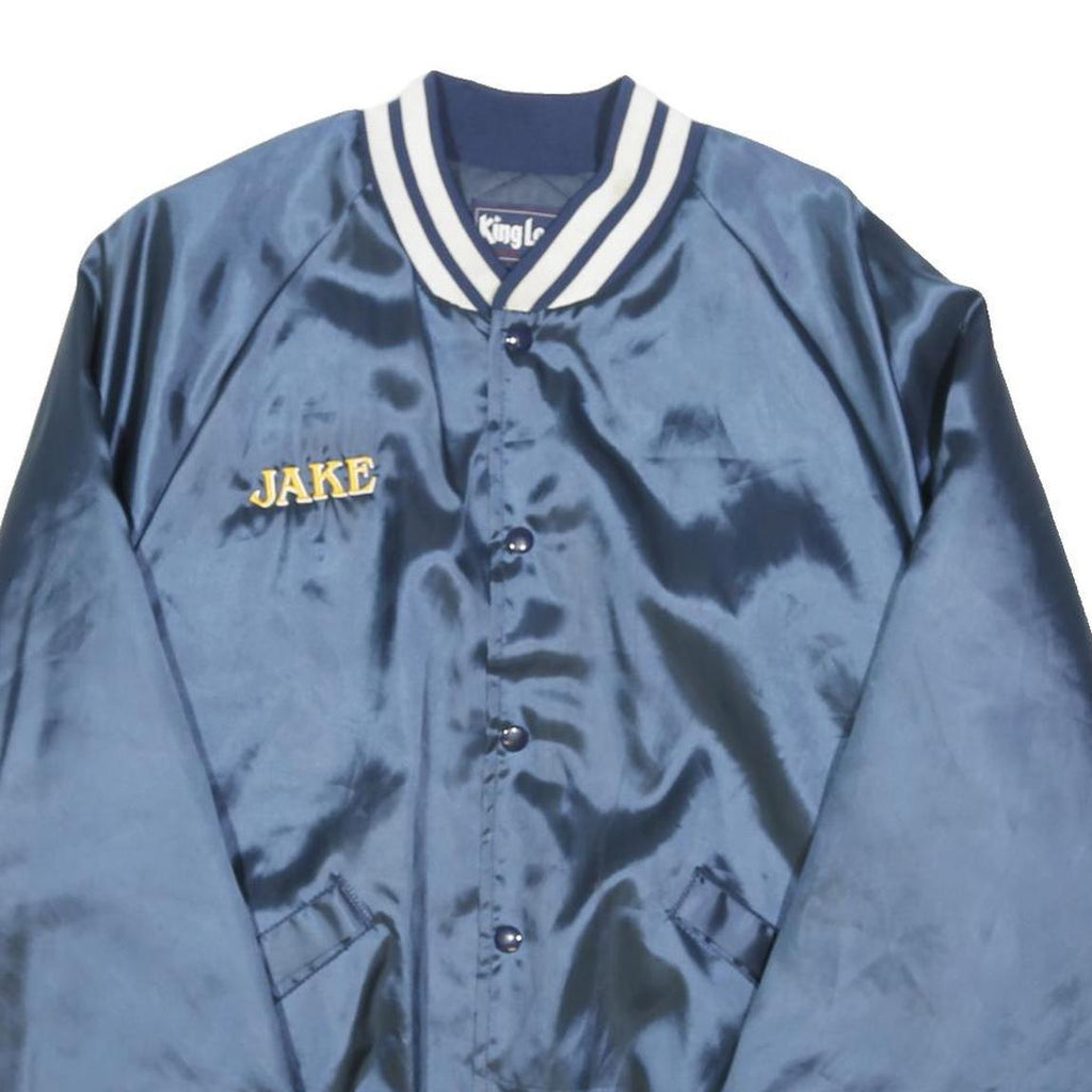 KING LOWIE Mens Navy Blue Varsity Jacket L Nylon Plain Button Closure Retro