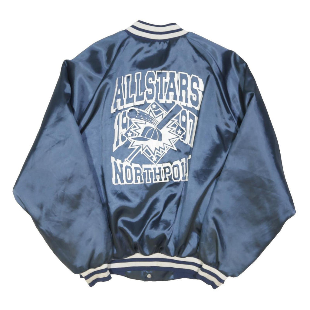 KING LOWIE Mens Navy Blue Varsity Jacket L Nylon Plain Button Closure Retro