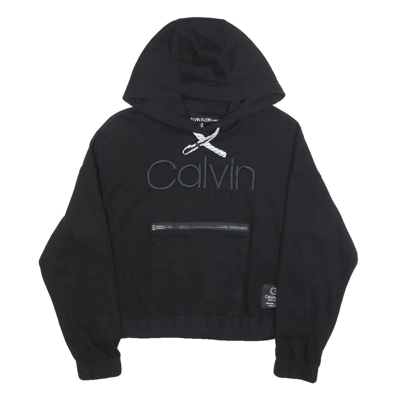 CALVIN KLEIN Womens Black Hoodie M Cotton Pullover Logo Zipped Pocket