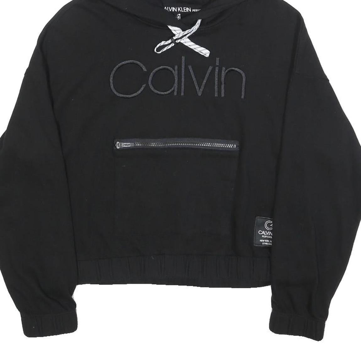 CALVIN KLEIN Womens Black Hoodie M Cotton Pullover Logo Zipped Pocket