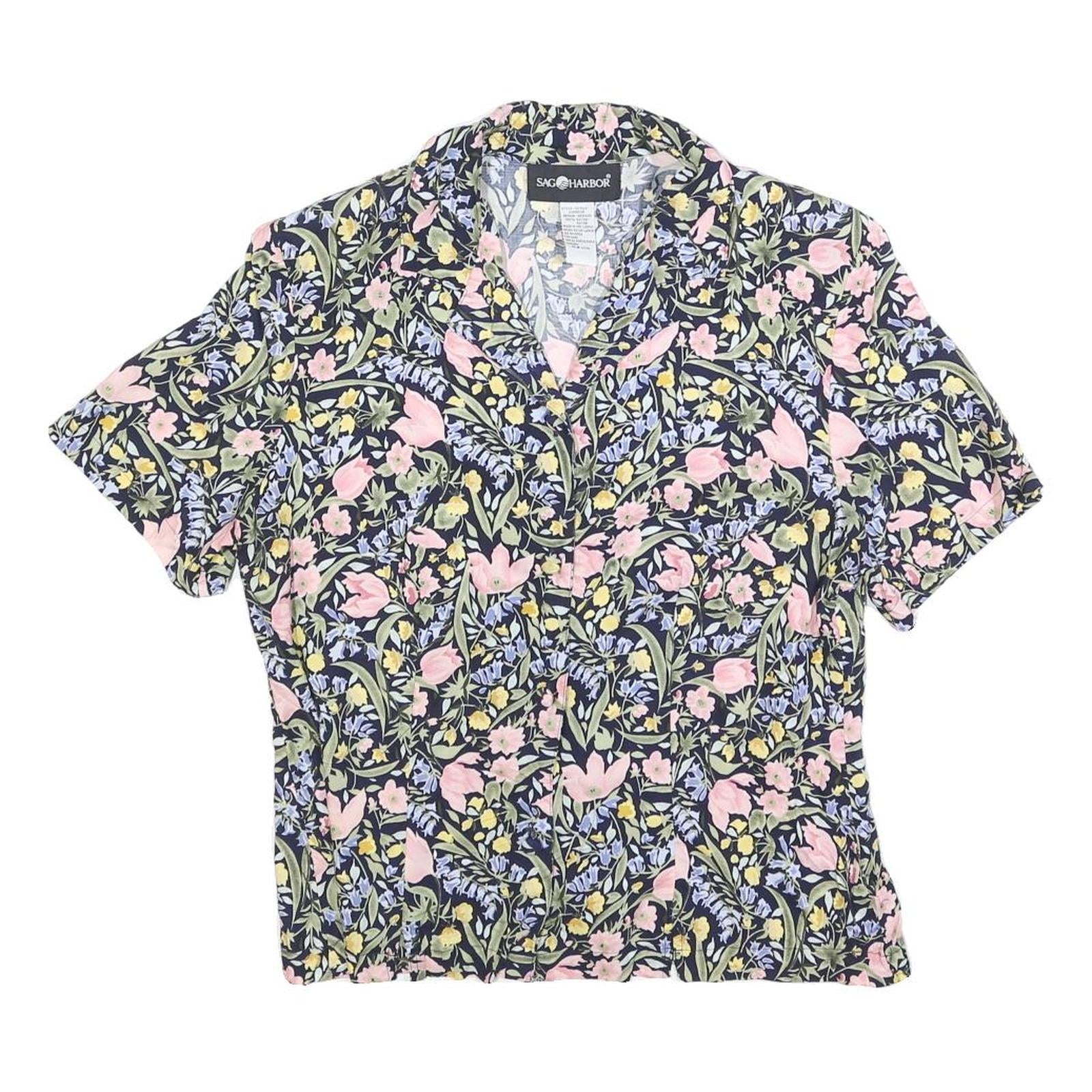 SAG HARBOR Womens Blue & Pink Floral Shirt Short Sleeve Button Neck M Cotton