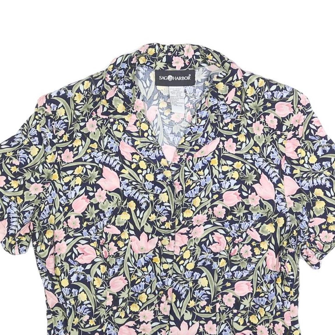 SAG HARBOR Womens Blue & Pink Floral Shirt Short Sleeve Button Neck M Cotton