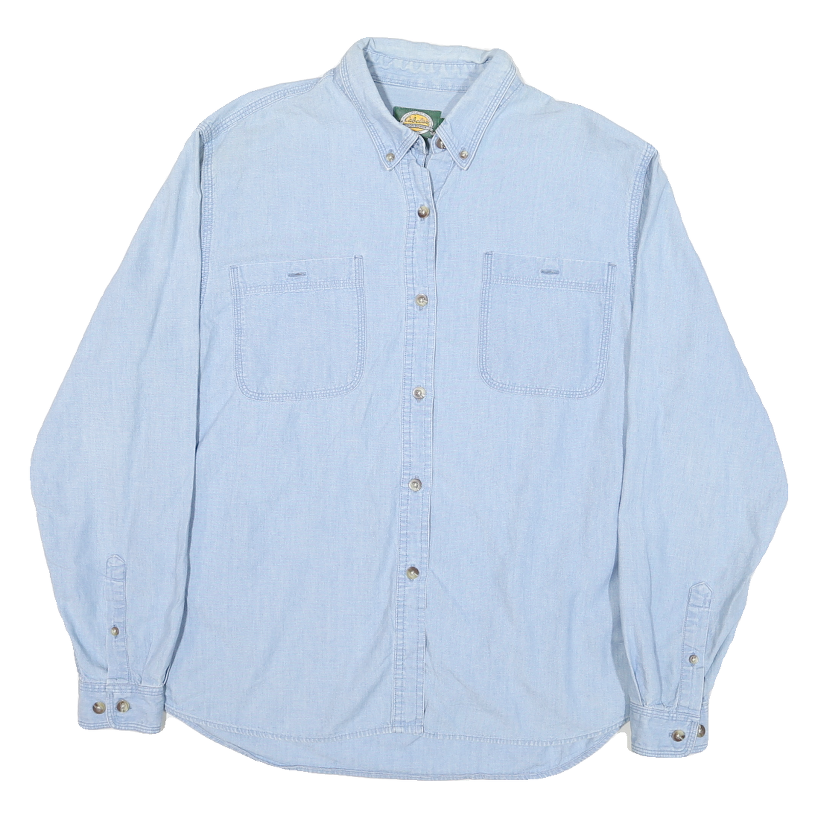 CABELAS Womens Blue Denim Shirt Long Sleeve Button L Casual Cotton Blend