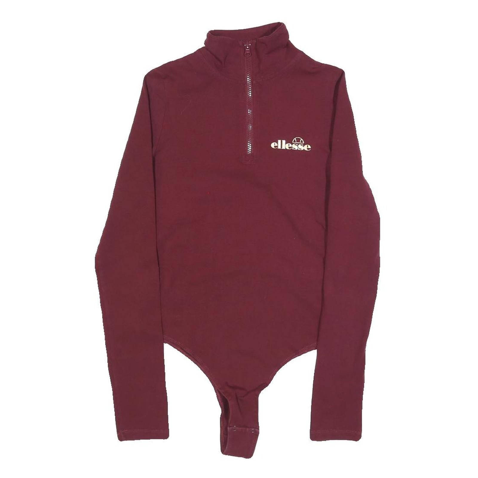 ELLESSE Womens Maroon Playsuit Plain Cotton Blend UK 10 Long Sleeve Zip Bodysuit
