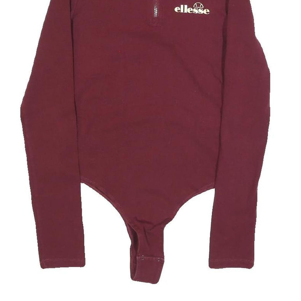 ELLESSE Womens Maroon Playsuit Plain Cotton Blend UK 10 Long Sleeve Zip Bodysuit