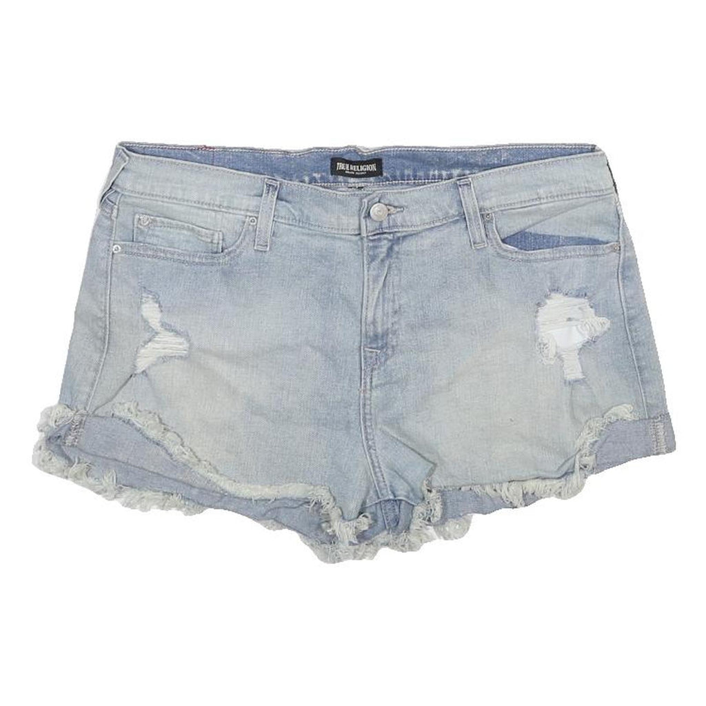 TRUE RELIGION Womens Denim Light Blue Distressed Shorts L W34 Casual Cotton
